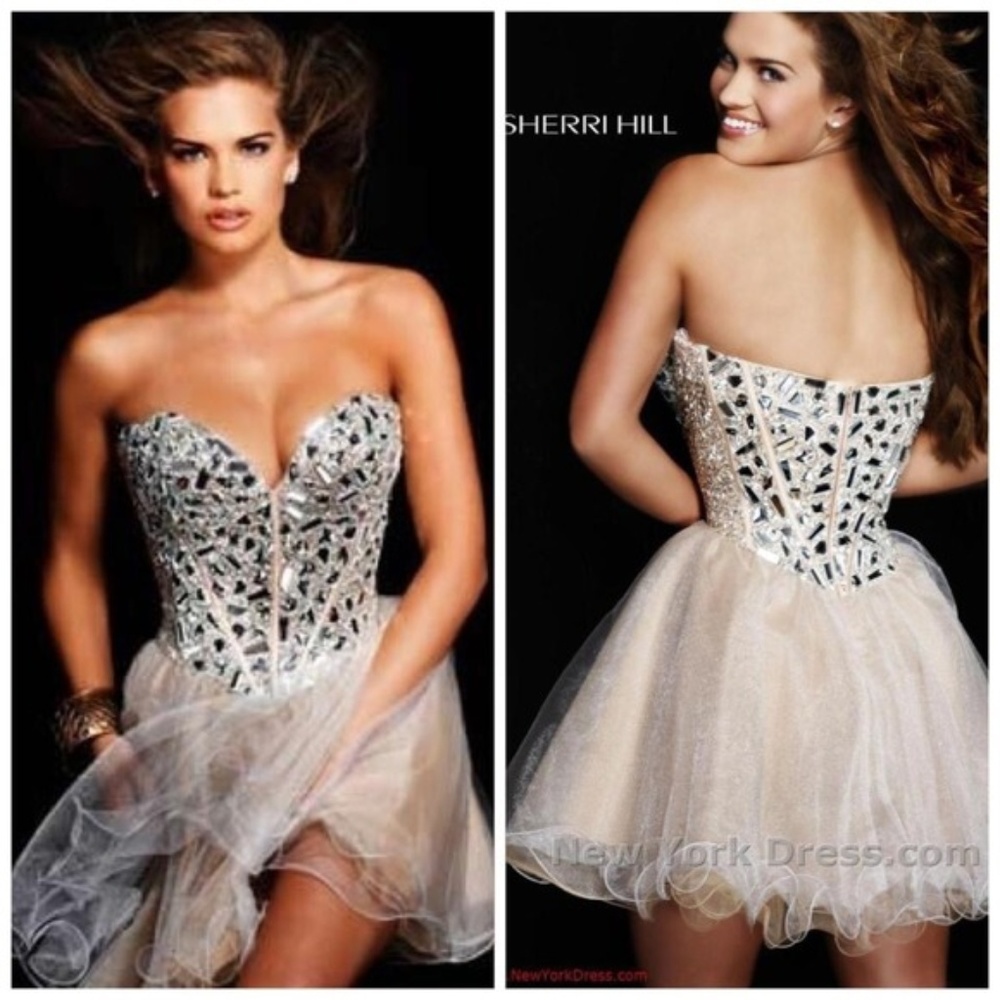 Sherri Hill Nude Silver Bustier Dress - Size 8